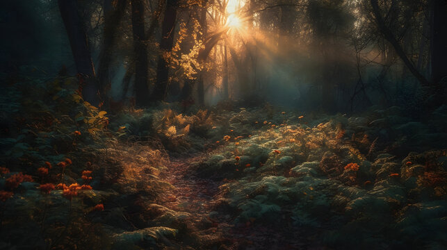 Lush vegetation in a magical forest basks in the warm golden hour light, creating a mystic atmosphere with luminous flora. © Piotr