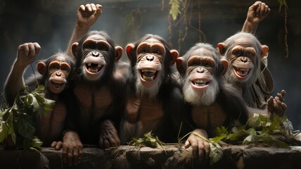 Wild animal family: Laughing and happy monkey community captured in close-up portrait - obrazy, fototapety, plakaty