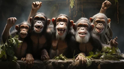 Meubelstickers Wild animal family: Laughing and happy monkey community captured in close-up portrait © senadesign