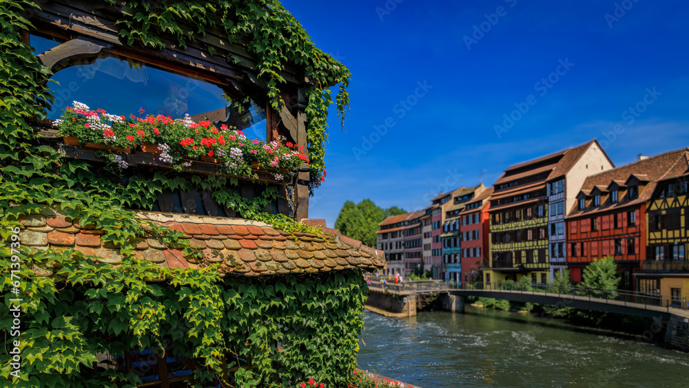 Wall mural ornate traditional half timbered houses with blooming flowers along the canals in the picturesque pe