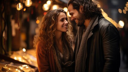 A young couple in love is standing at an evening Christmas market.