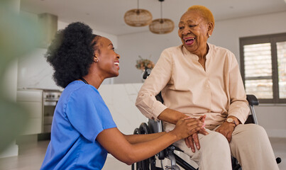 Black people, nurse and senior holding hands in wheelchair, elderly care and healthcare at home....