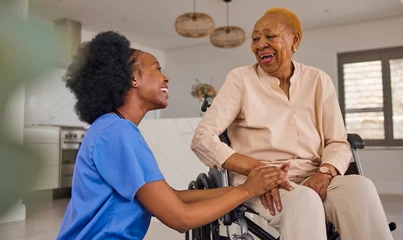 Photo sur Aluminium Vielles portes Black people, nurse and senior holding hands in wheelchair, elderly care and healthcare at home. Happy African female medical caregiver helping old age person with a disability or patient in house