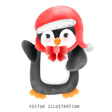 Adorable Winter Penguin with Red Scarf and Hat, Whimsical Christmas Illustration