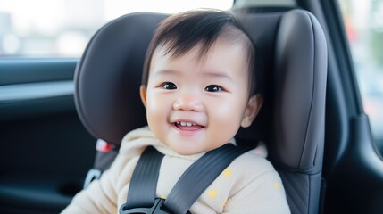 Smiling Asian baby into a car seat in car. - obrazy, fototapety, plakaty