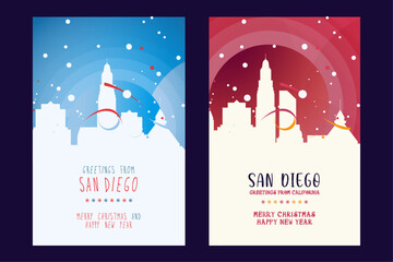 San Diego city poster with Christmas skyline, cityscape, landmarks. Winter USA holiday, New Year vertical vector layout for California brochure, website, flyer, leaflet, card