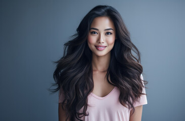 Fototapeta premium Portrait of a young beautiful Asian woman with long hair