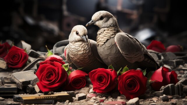 White doves with red rose stands at a bombed site in a war zone. Concept against war in Ukraine and Palestine