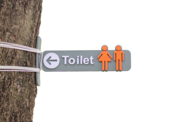 Public Restroom Sign tied to a tree, idea. on transparent background
