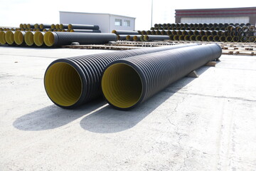 Black HDPE Double Wall Corrugated Pipe, 
HDPE Pipes Manufacturers, HDPE DWC Yellow pipes - obrazy, fototapety, plakaty
