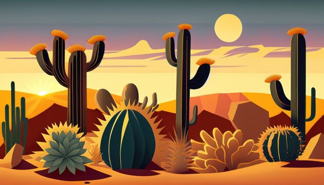 A variety of cacti in sunset desert