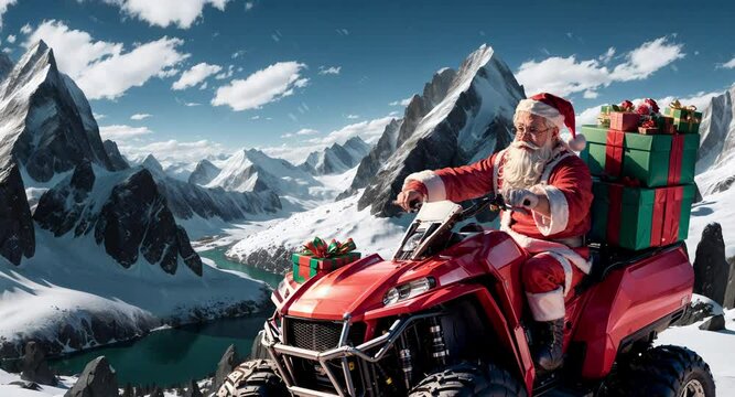Santa on an ATV among the high mountains. Video screensaver for motivational text, description or title. Cute Santa delivering presents on an ATV. Christmas futage for greeting cards, corporate video