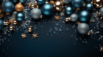 Christmas background with blue and silver baubles and snowflakes