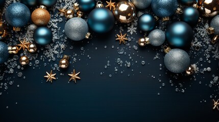 Christmas background with blue and silver baubles and snowflakes