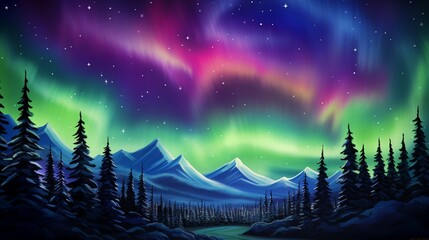 A sky painted with the colors of the aurora borealis, vibrant greens and purples dancing ethereally.