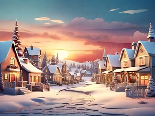 Christmas village hidden behind the mountains with trees and snow in vintage style. Sunset Winter Village Landscape. New Year's festive small town.
Christmas Holidays background. Christmas Card. - obrazy, fototapety, plakaty