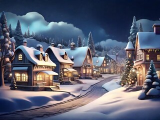 Christmas village hidden behind the mountains with trees and snow in vintage style. Night Winter Village Landscape. New Year's festive small town.
Christmas Holidays background. Christmas Card.