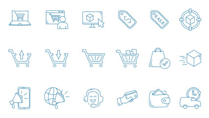 Hand drawn E-commerce line icon set. Online shopping and delivery elements. E-commerce doodle icon collections.