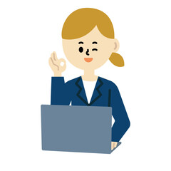 ビジネス　コンピュータ　ノートパソコン　女性　スーツ　OK 了解　ウインク　仕事　イラスト