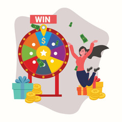 Fortune wheel with young girl , woman spinning roulette wheel. Risk game and casino lottery vector concept. Illustration of winner people , woman in casino , Win the contest