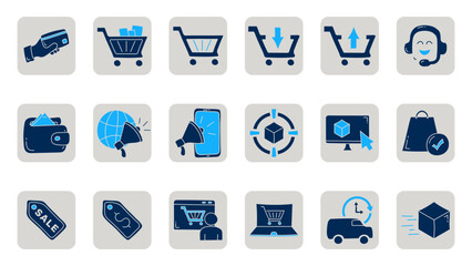E-commerce flat icon set. Online shopping and delivery elements. E-commerce doodle icon collections.