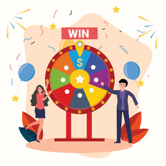 Fortune wheel with people. Man and woman spinning roulette wheel. Risk game and casino lottery vector concept. Illustration of winner people woman and man in casino , Win the contest