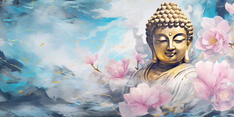 abtract painting of golden buddha and lotuses - obrazy, fototapety, plakaty