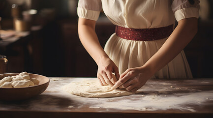 Patissier hands making dough in the kitchen. - obrazy, fototapety, plakaty