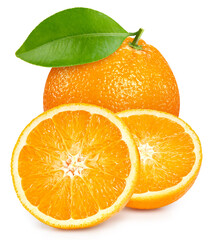 Fresh organic orange with leaves isolated on white background