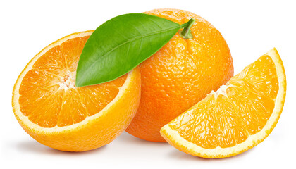 Fresh organic orange with leaves isolated on white background