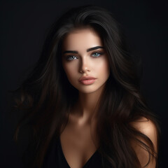 Fototapeta premium Beautiful young woman with eyelash extensions on dark background, ai technology
