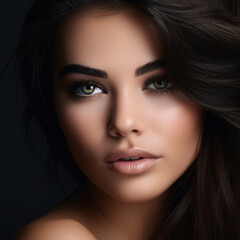 Obraz premium Beautiful young woman with eyelash extensions on dark background, ai technology