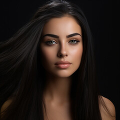 Fototapeta premium Beautiful young woman with eyelash extensions on dark background, ai technology