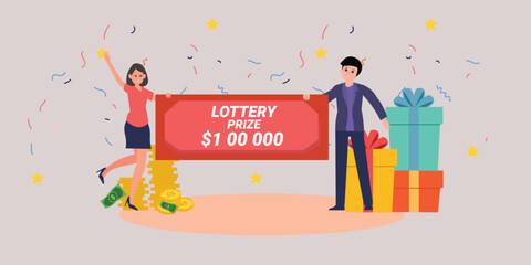 Happy jackpot winner. Lottery game, people holding winning check , Lucky guys, business and investments , Flat vector recent couple with big win , Victory concept