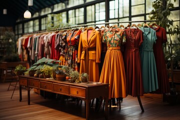 Colorful women's dresses on hangers in a retail shop. Fashion and shopping concept. - obrazy, fototapety, plakaty