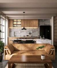 Luxury apartment living room with brown sofa, wooden coffee table, dining table, kitchen, tree, in...