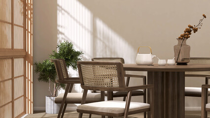 Cozy, minimal japandi dining room with wooden round table, rattan chair, white teapot, tree in...
