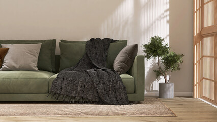 Modern green sofa in japandi, luxury living room on rug, tree in sunlight from shoji partition on white wall, laminated parquet floor for interior design decoration, product background 3D