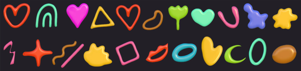 3d abstract y2k element set. Plastic colorful playful doodle shape. 3d vector render.