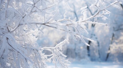 Hoarfrost on the branches of a tree in the winter forest