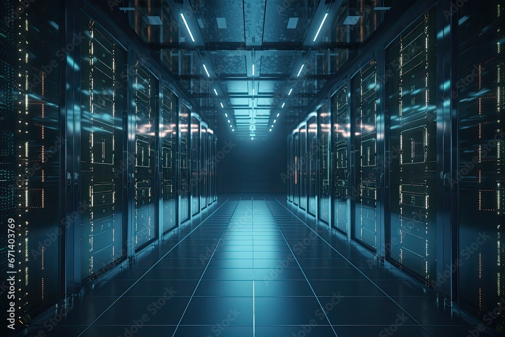 Aufkleber digital cloud storage server farm, rows of powerful servers with blinking lights, cables organized, 