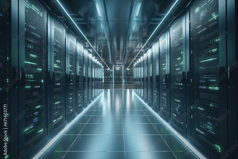 Poster digital cloud storage server farm, rows of powerful servers with blinking lights, cables organized, 