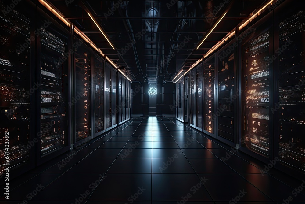 Poster digital cloud storage server farm, rows of powerful servers with blinking lights, cables organized, 