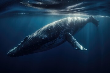 Blue whale gliding in deep blue ocean, enormous body partly illuminated by the sunlight , Realistic underwater photography with a telephoto lens