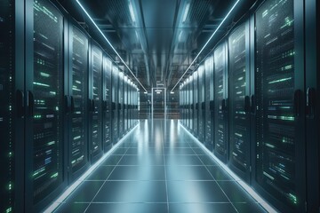 Digital cloud storage server farm, rows of powerful servers with blinking lights, cables organized, sense of precision and technological prowess