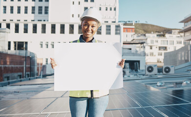 Black woman, architect and billboard on solar panel roof for advertising or construction plan in the city. Portrait of happy African female person, engineer or contractor holding sign, paper or board - obrazy, fototapety, plakaty