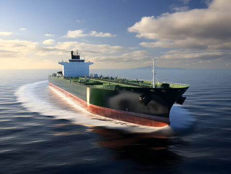 green tanker in the sea without cargo container, supply chain and logistics shipping