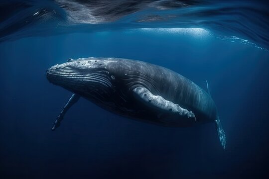 Blue whale gliding in deep blue ocean, enormous body partly illuminated by the sunlight , Realistic underwater photography with a telephoto lens