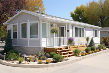 mobile home located within a community designed for retired individuals with grass lawn - obrazy, fototapety, plakaty