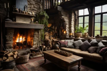 Fotobehang Fantasy tiny storybook style home interior cottage with rustic accents and a large round fireplace © Yuchen Dong